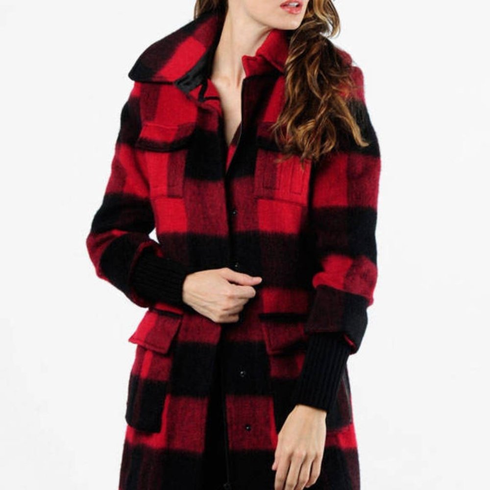 Alice + Olivia 'Ryan' Buffalo Plaid Wool Mohair Coat Jacket Red Black Size S